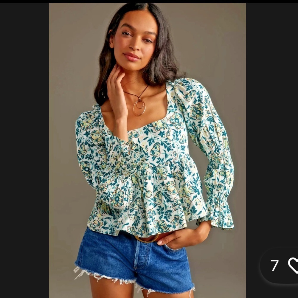 Pilcro Anthropologie Babydoll long sleeve green floral blouse. Size XS $118